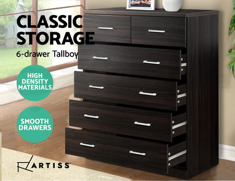 Image of Artiss Tallboy 6 Drawers Storage Cabinet - Walnut