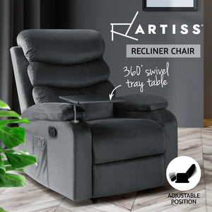 Artiss Recliner Chair Armchair Lounge Sofa Chairs Couch Velvet Grey Tray Table