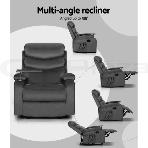 Image of Artiss Recliner Chair Armchair Lounge Sofa Chairs Couch Velvet Grey Tray Table