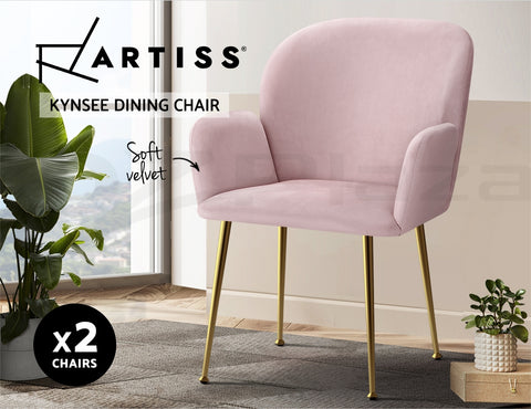 Image of Artiss  Set of 2 Kynsee Dining Chairs Armchair Cafe Chair Upholstered Velvet Pink