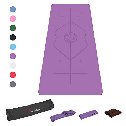 Image of FrenzyBird 5mm Thick PU Natural Rubber Yoga Mat with Body Alignment System,Oxford Mat Bag and Strap,Non Slip, Wet Absorbance,Free of PVC and Other Harmful Chemicals,for All Types of Yoga and Pilates