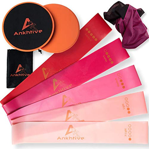 Image of ANKHTIVE Resistance Booty Bands Set of 5, 100% Natural Latex, Bundle with Gliding Discs Exercise Sliders, Cooling Towel & Carrying Bag. Portable Fitness Starter Kit for Home and Outdoor Workout