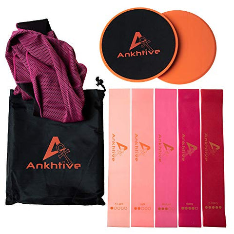 Image of ANKHTIVE Resistance Booty Bands Set of 5, 100% Natural Latex, Bundle with Gliding Discs Exercise Sliders, Cooling Towel & Carrying Bag. Portable Fitness Starter Kit for Home and Outdoor Workout