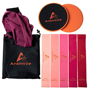 ANKHTIVE Resistance Booty Bands Set of 5, 100% Natural Latex, Bundle with Gliding Discs Exercise Sliders, Cooling Towel & Carrying Bag. Portable Fitness Starter Kit for Home and Outdoor Workout
