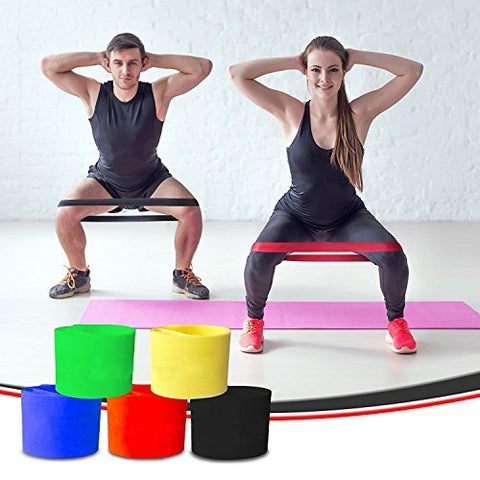 Image of Resistance Loop Bands Exercise Bands Set of 5 Natural Latex Fitness Bands for Workout and Physical Therapy E-Guide, Pilates, Yoga, Rehab, Improve Mobility and Strength