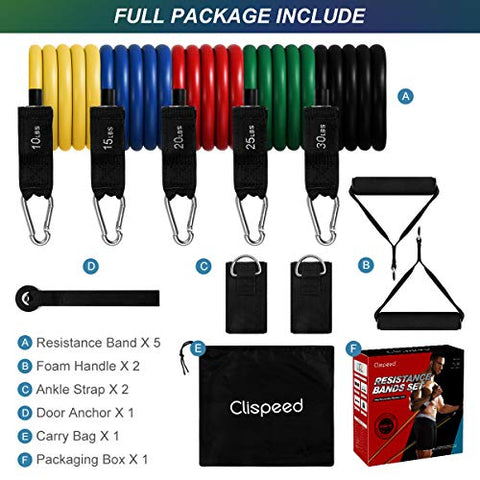 Image of Clispeed Stackable Resistance Bands 11-Piece Set with Extra Large Handles, Door Anchor, Ankle Straps, Exercise Guide and Carrying Case