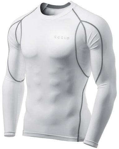 Image of Tesla Men's Long Sleeve Round Neck T-Shirt Baselayer Cool Dry Compression Top MUD11-WHT