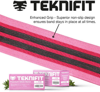 Teknifit Glute Band - Premium Fabric Resistance Band - Non Slip Design for Women - Pink Or Black Booty Band - Free Workout E-Book with Butt and Leg Toning Exercise Guide (Pink, 13" - S/M (See Size Guide))