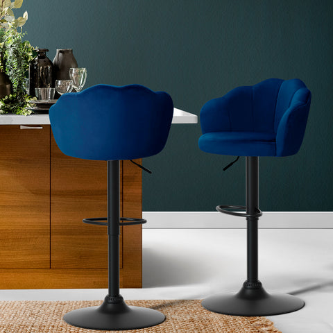 Image of Artiss Set of 2 Bar Stools Kitchen Stool Swivel Chair Gas Lift Velvet Chairs Blue Nessah