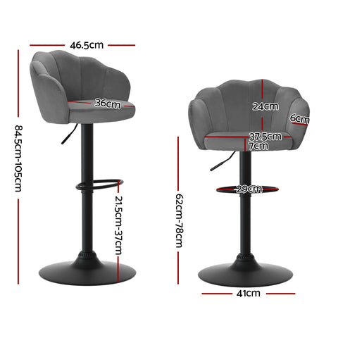 Image of Artiss Set of 2 Bar Stools Kitchen Stool Swivel Chair Gas Lift Velvet Chairs Grey Nessah