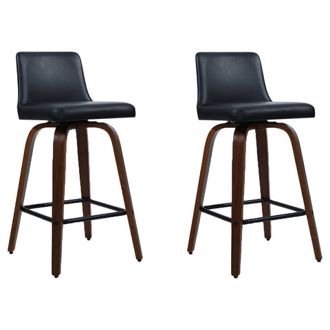 Image of Artiss Set of 2 Wooden PU Leather Bar Stool - Black and Brown Wood Legs