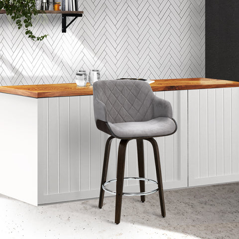 Image of Artiss Velvet Bar Stool Swivel - Grey and Wood