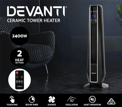 Image of Devanti Electric Ceramic Tower Fan Heater Portable Oscillating Remote Control 2400W Black