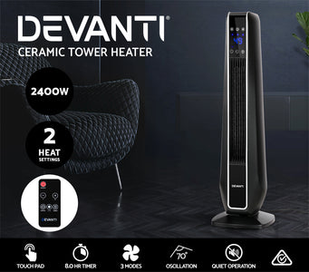 Devanti Electric Ceramic Tower Fan Heater Portable Oscillating Remote Control 2400W Black