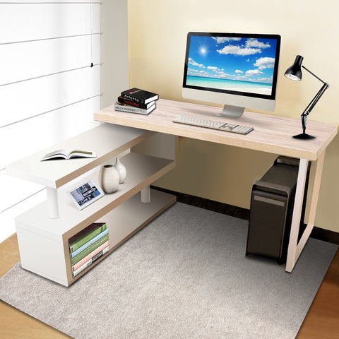 Image of Artiss Rotary Corner Desk with Bookshelf - Brown & White