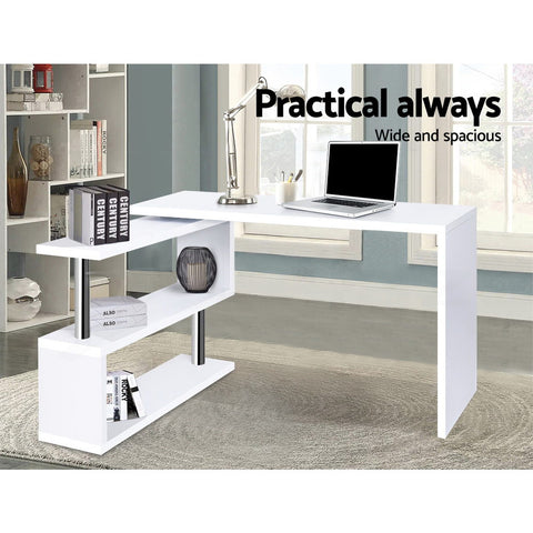 Image of Artiss Rotary Corner Desk with Bookshelf - White