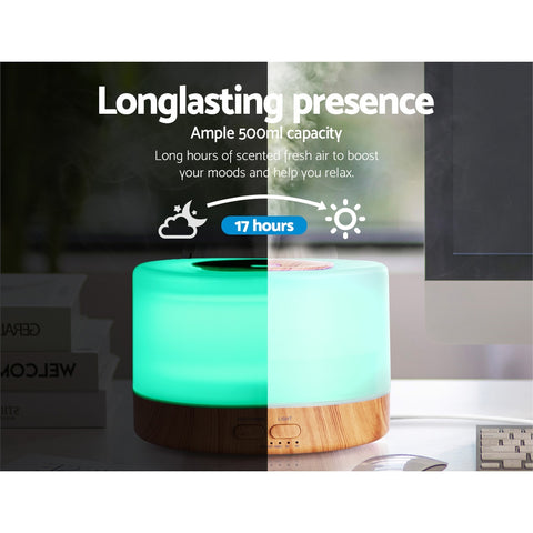 Image of DEVANTI Aroma Diffuser Aromatherapy LED Night Light Air Humidifier Purifier Round Light Wood Grain 500ml Remote Control