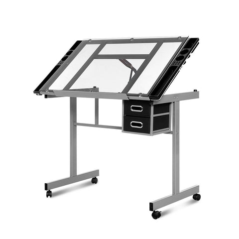 Image of Artiss Drawing Desk Drafting Table Craft Adjustable Glass Art Tilt Drawers Grey
