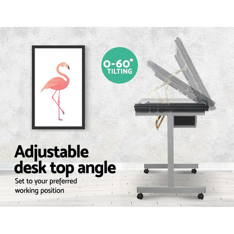 Image of Artiss Drawing Desk Drafting Table Craft Adjustable Glass Art Tilt Drawers Grey
