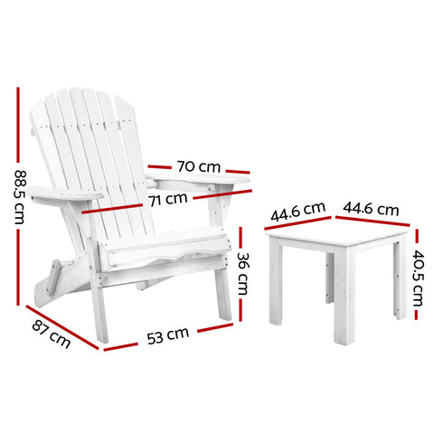 Image of Gardeon 3 Piece Outdoor Adirondack Beach Chair and Table Set - White