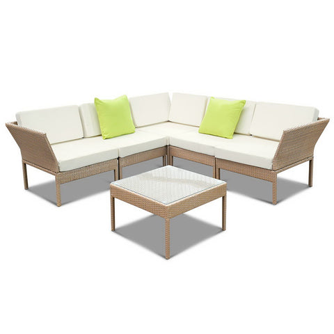 Image of Gardeon 6pcs Outdoor Sofa Lounge Setting Couch Wicker Table Chairs Patio Furniture Beige
