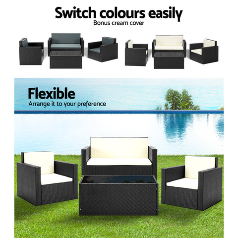 Image of Gardeon 4 Piece Outdoor Wicker Furniture Set - Black