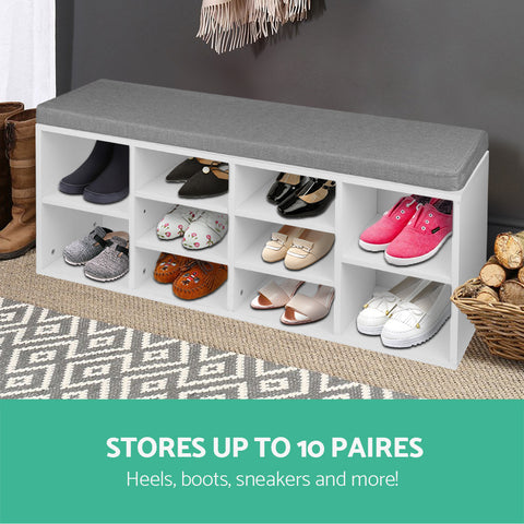 Image of Artiss Fabric Shoe Bench with Storage Cubes - White
