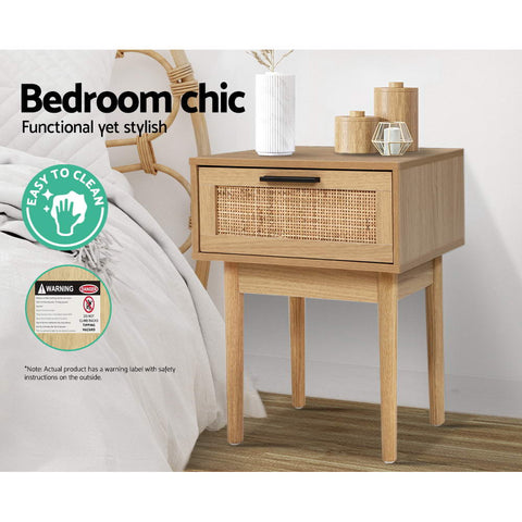 Image of Artiss Bedside Tables Table 1 Drawer Storage Cabinet Rattan Wood Nightstand
