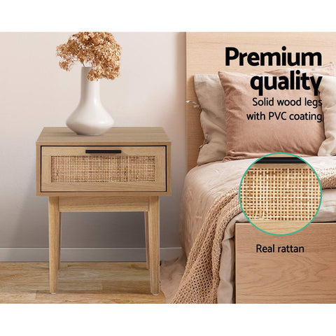 Image of Artiss Bedside Tables Table 1 Drawer Storage Cabinet Rattan Wood Nightstand