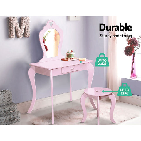 Image of Keezi Pink Kids Vanity Dressing Table Stool Set Mirror Princess Children Makeup