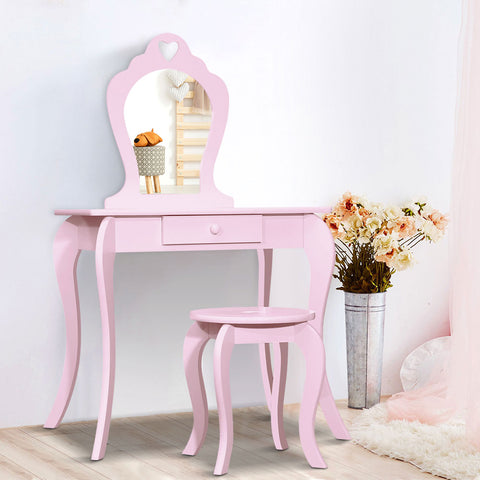 Image of Keezi Pink Kids Vanity Dressing Table Stool Set Mirror Princess Children Makeup