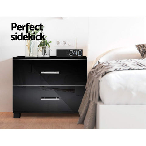 Image of Artiss High Gloss Two Drawers Bedside Table - Black