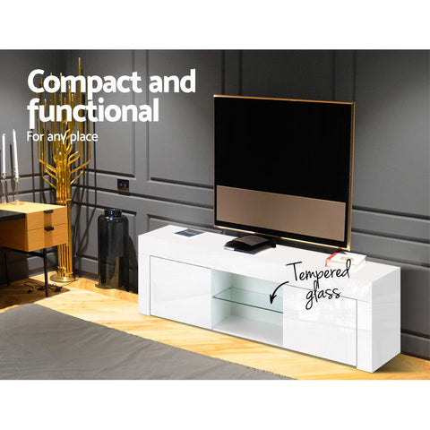 Image of Artiss 130cm High Gloss TV Stand Entertainment Unit Storage Cabinet Tempered Glass Shelf White