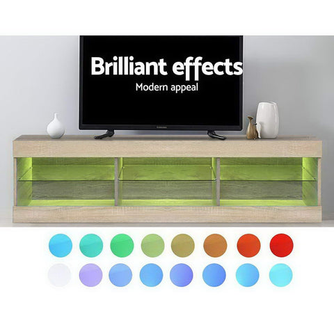 Image of Artiss TV Cabinet Entertainment Unit Stand RGB LED Glass Shelf Storage 150cm Oak