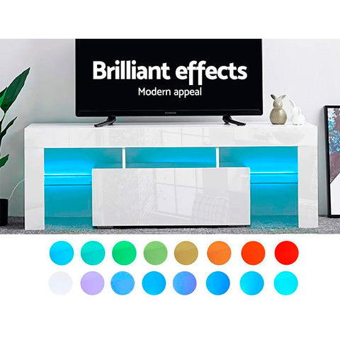 Image of Artiss 130cm RGB LED TV Stand Cabinet Entertainment Unit Gloss Furniture Drawer Tempered Glass Shelf White
