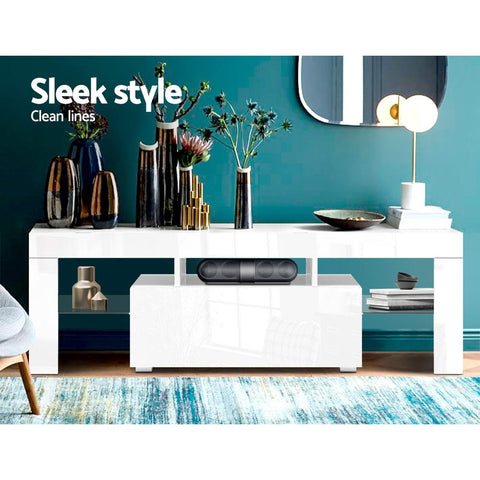 Image of Artiss 130cm RGB LED TV Stand Cabinet Entertainment Unit Gloss Furniture Drawer Tempered Glass Shelf White