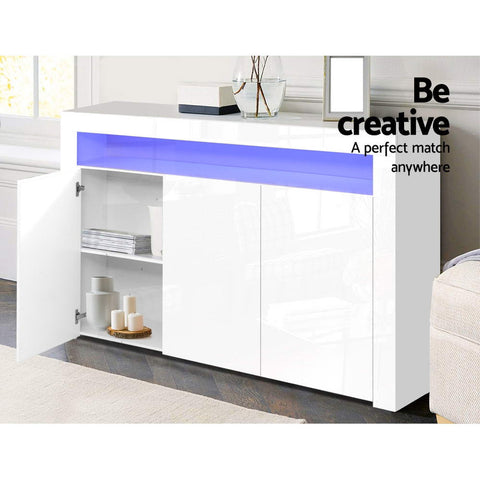 Image of Artiss Buffet Sideboard Cabinet Storage LED High Gloss Cupboard 3 Doors White