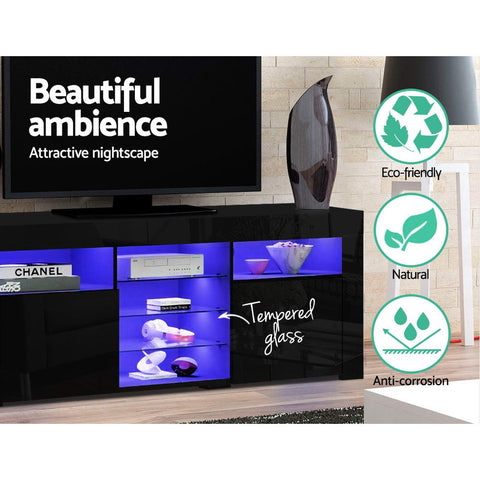 Image of Artiss TV Cabinet Entertainment Unit Stand RGB LED Gloss 3 Doors 180cm Black
