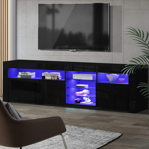 Image of Artiss TV Cabinet Entertainment Unit Stand RGB LED Gloss 3 Doors 180cm Black