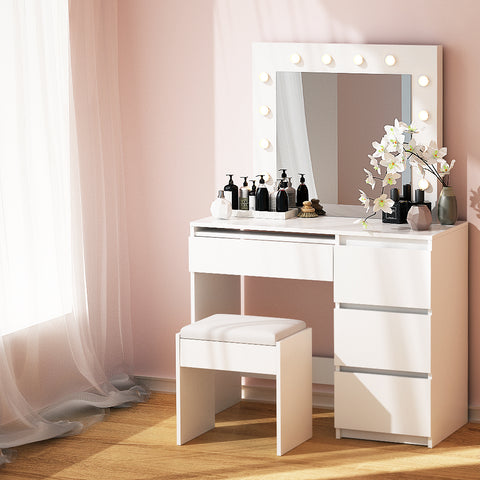 Image of Artiss Dressing Table LED Makeup Mirror Stool Set 12 Bulbs Vanity Desk White