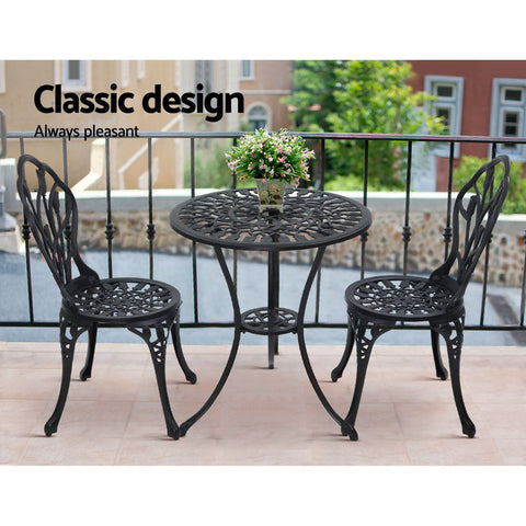 Image of Gardeon 3PC Outdoor Setting Cast Aluminium Bistro Table Chair Patio Black