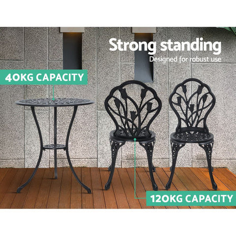 Image of Gardeon 3PC Outdoor Setting Cast Aluminium Bistro Table Chair Patio Black