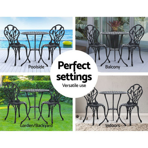 Image of Gardeon 3PC Outdoor Setting Cast Aluminium Bistro Table Chair Patio Black