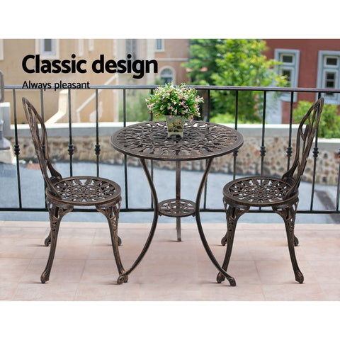 Image of Gardeon 3PC Outdoor Setting Cast Aluminium Bistro Table Chair Patio Bronze