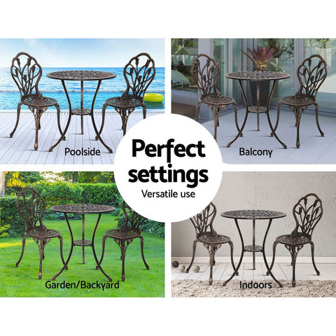 Image of Gardeon 3PC Outdoor Setting Cast Aluminium Bistro Table Chair Patio Bronze