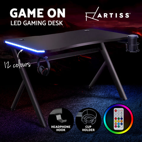 Image of Artiss Gaming Desk Home Office Computer Carbon Fiber Style LED Racer Table Black