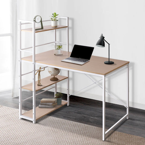 Image of Artiss Metal Desk with Shelves - White with Oak Top