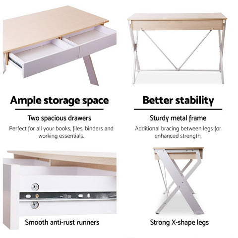 Image of Artiss Metal Desk with Drawer - White with Oak Top