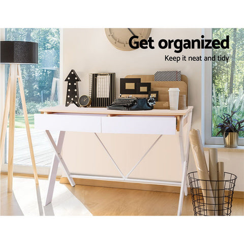 Image of Artiss Metal Desk with Drawer - White with Oak Top