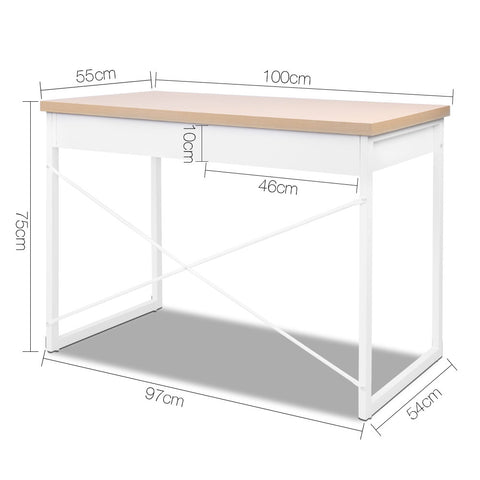 Image of Artiss Metal Desk with Drawer - White with Wooden Top